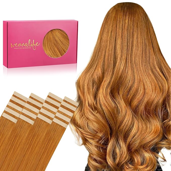 WENNALIFE Tape in Hair Extensions Human Hair, 20pcs 50g 14 inch Auburn Ginger Remy Hair Extensions Straight Human Hair Tape in Extensions Skin Weft Tape Extensions Human Hair