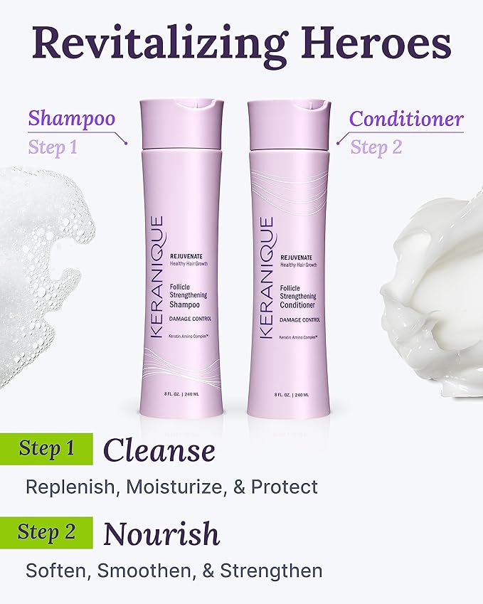 Keranique Shampoo and Conditioner for Damaged Hair - Anti-Breakage, Damage Control Set for Thinning Hair - Intense Repair, Deep Conditioning, Anti-Hairfall Routine w/Keratin - Great for Colored Hair