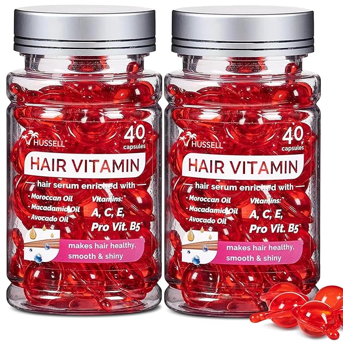 Hussell Hair Serum - No Rinse with Argan Macadamia & Avocado Oils - Vitamins A, E, Pro B5 - Conditioner for Women & Men - Pack of 2, 80 Capsules