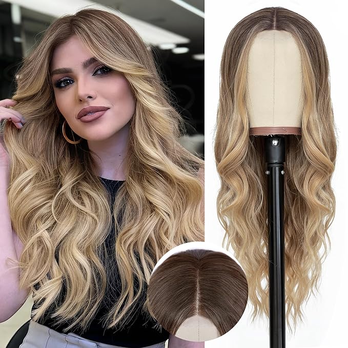 NAYOO Long Ombre Blonde Wavy Wig for Women 26 Inch Middle Part Lace Hairline Curly Wavy Wig Natural Looking Synthetic Heat Resistant Fiber for Daily Party Use