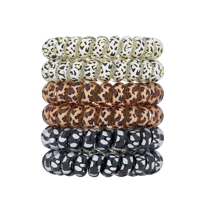 Leopard Spiral Hair Ties (6 Pcs) - Coil Ponytail Holders for Thick and All Hair Types, No Crease Phone Cord Design