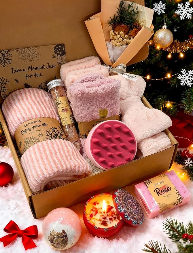 Coralogo Rose Spa Gift Baskets - Natural Pampering Spa Set, Self-Care Get Well Soon Basket,Thank You Gifts, Unique 11pcs Gift Set for Birthday Christmas Valentines Day Mothers Day
