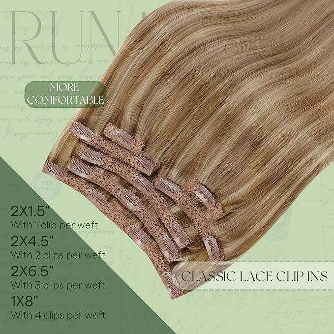 RUNATURE Clip in Hair Extensions Human Hair, 14 Inch 120g Thick Hair Extensions Clip Ins, Natural Remy Hair for Women, Natural Looking, 7pcs #10P16 Dark Blonde with Highlights