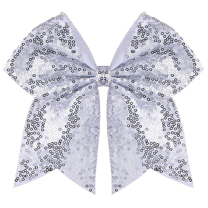 Large Glitter Cheer Bows Clips, Jumbo Big 7 Inch Cheerleading Sequin Hair Bow Hair Accessories for Teens Girls Football Sports Cheerleader Outfit Uniform (Sliver)