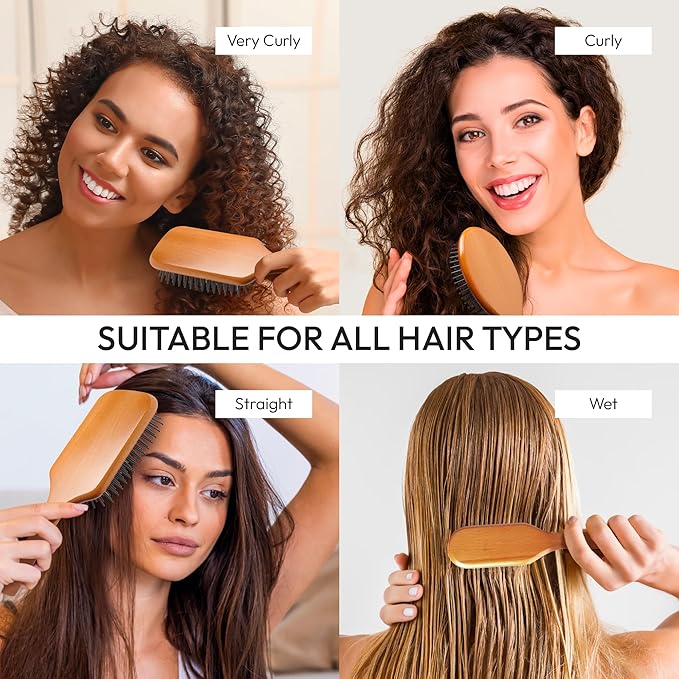 RED Premium Evergreen Wooden Paddle Brush, Detangling Brush with Long Bristles for Thick, Curly, Thin, Wet or Dry Hair - Long-Lasting Shine (Mini)