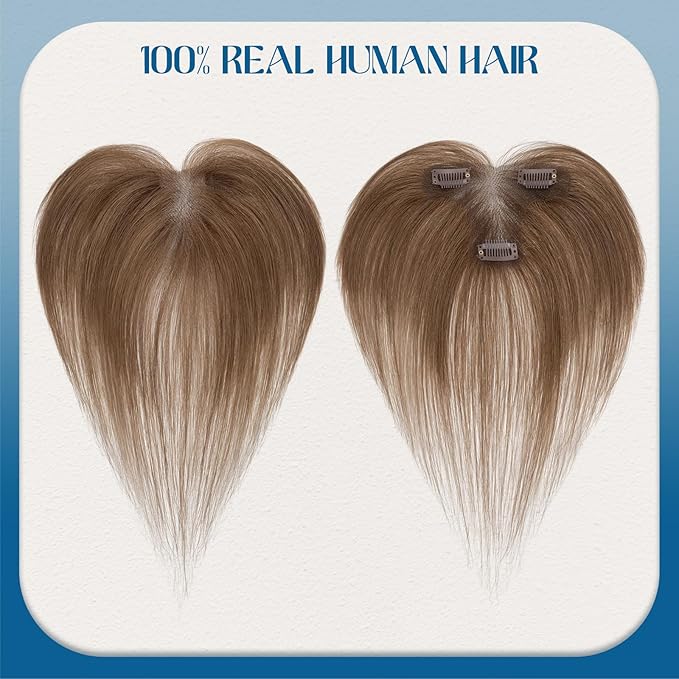 Hair Topper with Side Bangs Human Hair Curtain Bangs Topper for Women, T-part Lace Base Real Human Hair Topper Hair Piece for Daily Wear(Side Bangs,Meduim Brown)