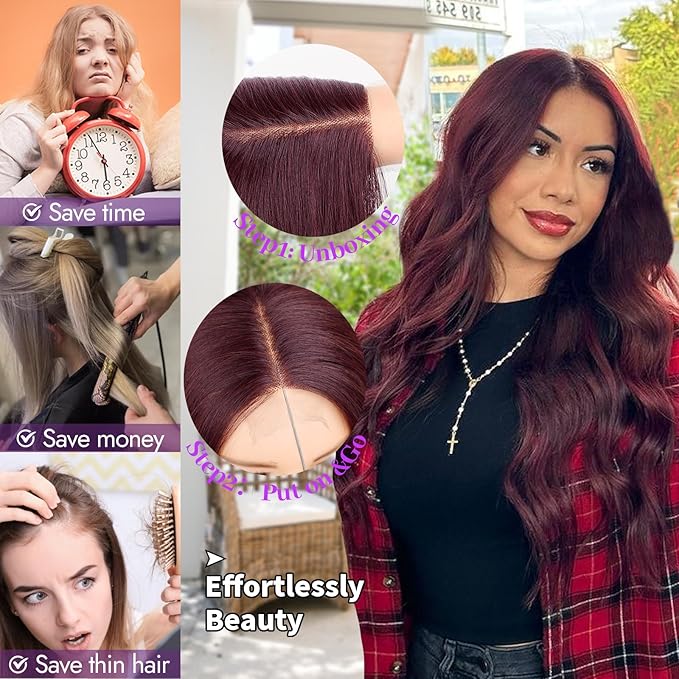 Wine Red Wig for Women Long Wavy 4x1 Lace Natural Hairline Glueless for Beginners Middle Part Synthetic for Daily Party Use 26Inch