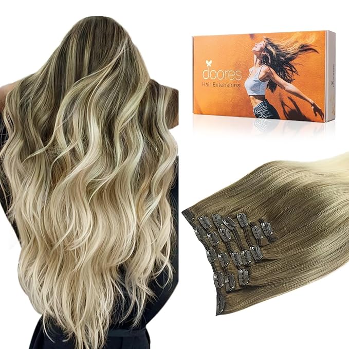DOORES Human Hair Extensions Clip in, Ombre Ash Brown to Platinum Blonde 120g 7pcs 22 Inch, Clip in Hair Extensions Straight Natural Wedt