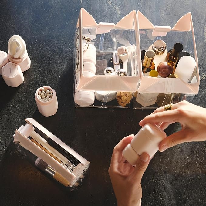 Cadence Travel Containers - Daily Routine Capsule Set - Magnetic Containers with Lids,4 Flex Mediums (1.32oz) & 3 Flex Smalls (0.56oz) - Shampoo, Conditioner, Body Wash, Pills, & More - Petal