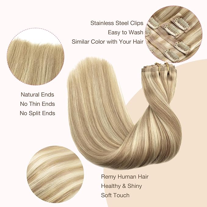 GOO GOO Clip in Hair Extensions Real Human Hair, Remy Human Hair Extensions Clip ins for Women, Natural Human Hair, 18inch 110g 7Pcs, 18A/613A Dark Blonde Highlighted Bleach Blonde