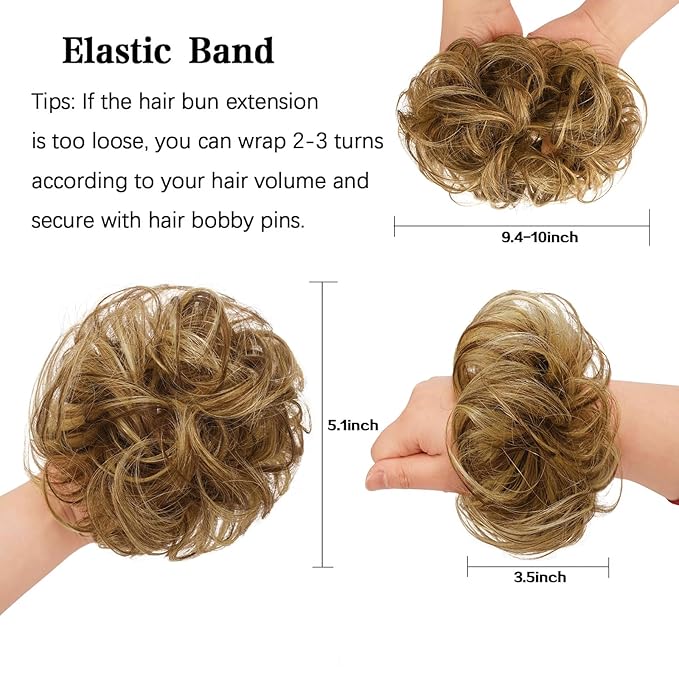 FESHFEN Human Messy Buns - 100% Human Hair Bun Real Scrunchies Hair Pieces Ponytail Extensions Wavy Tousled Updo Chignon Hairpieces for Women，Light Brown Mixed Blonde