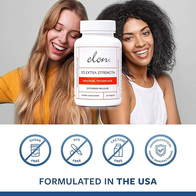 Elon R3 Extra Strength for Hair Growth - Supplements for Women to Grow Thicker, Fuller Hair, Advanced Formula with 5000 mcg Biotin Per Serving & Collagen, 60 Count (Pack of 3)
