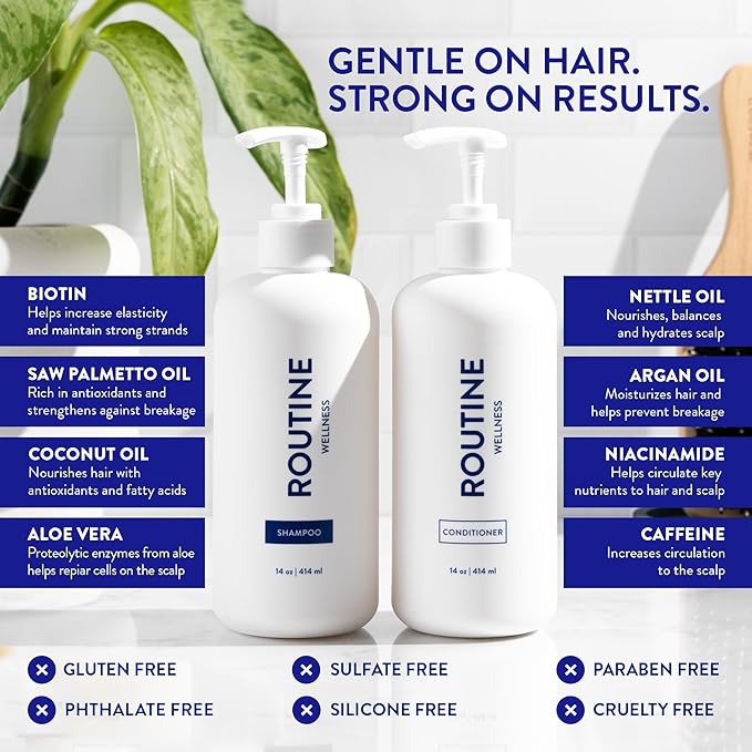 Routine Wellness Bundle - Shampoo and Conditioner Set for Thinning Hair, Two Serums for Scalp Health, Hair Growth Supplement & Hair Mask - Rose Hips