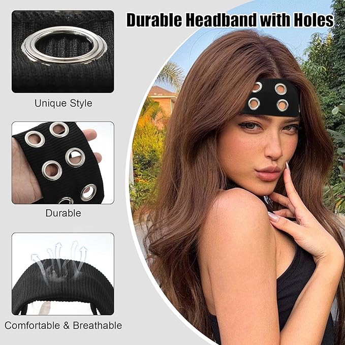 papasgix Grommet Headband for Women, Y2K Elastic Headband Wide Black Hair Band with Holes Metal Rock Style 2000s Hair Accessories (1, Dark Grey)