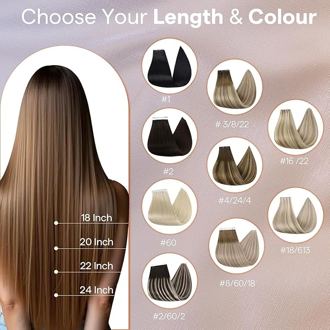 Full Shine Balayage Tape in Hair Extensions Color 4/24/4 Brown And Blonde Tape in Weft Hair Extensions Human Hair 18Inch Long Tape Double Weft 50G for Daily Office Look Natural One Piece