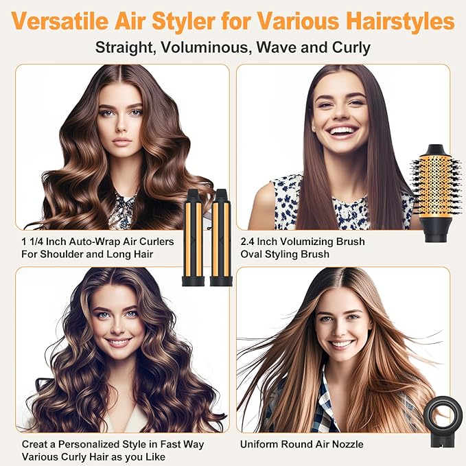 Hair Styler Hair Dryer Brush - 110,000 RPM High-Speed Hot Air Styler,Multi Stylers with Auto-Wrap Curler, Professional Blow Dryer Brush for Fast Curling Volumizing Styling (Black-Orange)