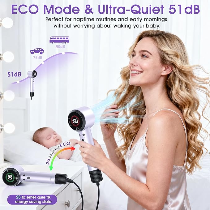 Ionic Hair Dryer with Auto-Adjusting Sensor,AI Hair Dryer with Magnetic Diffuser,100000 RPM High-Speed Hair Blow Dryer for Fast Drying,Compact Blow Dryer with 500M Plasma,Hair Dryers for Women(Purple)
