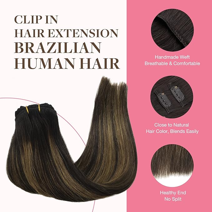 GOO GOO Clip in Hair Extensions Real Human Hair, Remy Human Hair Extensions Clip ins for Women, Natural Human Hair, 14inch 150g 9Pcs, 1B/6/1B Balayage Natural Black to Chestnut Brown