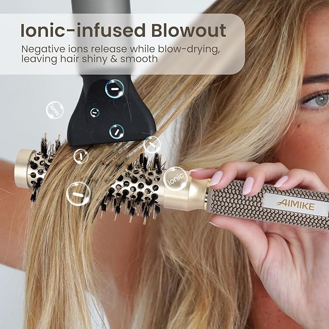 AIMIKE Round Hair Brush, 1 inch Barrel with Boar Bristles, Nano Thermal Ceramic & Ionic Tech, for Blow Drying, Styling, Curling and Shine + 4 Clips (Gold, Unisex, Fine Hair, Short Hair, Anti-Frizz)