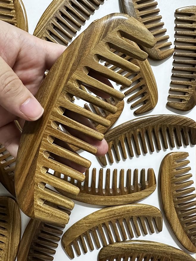 Wide Tooth Green Sandalwood Detangler Comb - Wooden Hair Comb for Natural Hair, Curly/Thick Hair Knot Remover (No Handle, Scented Wood)