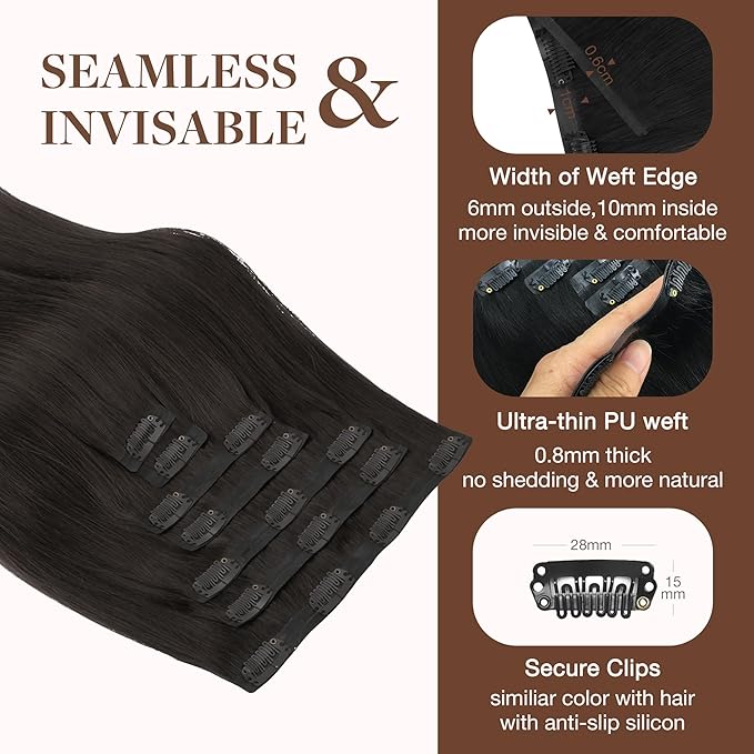 GOO GOO Clip in Hair Extensions Real Human Hair, Remy Human Hair Extensions Clip ins for Women, Natural Human Hair, 24inch 220g 9Pcs, #2 Dark Brown