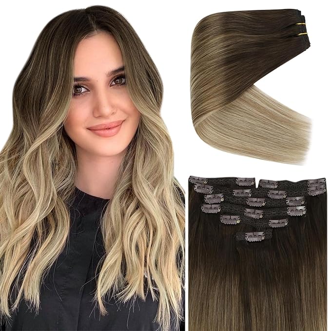 Ve Sunny Clip in Hair Extensions Ombre Dark Brown to Light Brown with Ash Brown Clip in Human Hair Extensions Invisible Clip in Extensions Balayage Dark Roots 14inch 7pcs 120g