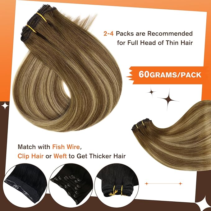 Full Shine Hair Extensions Clip Ins Brown Hair Extensions 12 Inch Real Hair Extensions Ombre Brown Fading to Honey Blonde Highlighted Short Natural Human Hair Extensions for Women 3Pcs 60Grams
