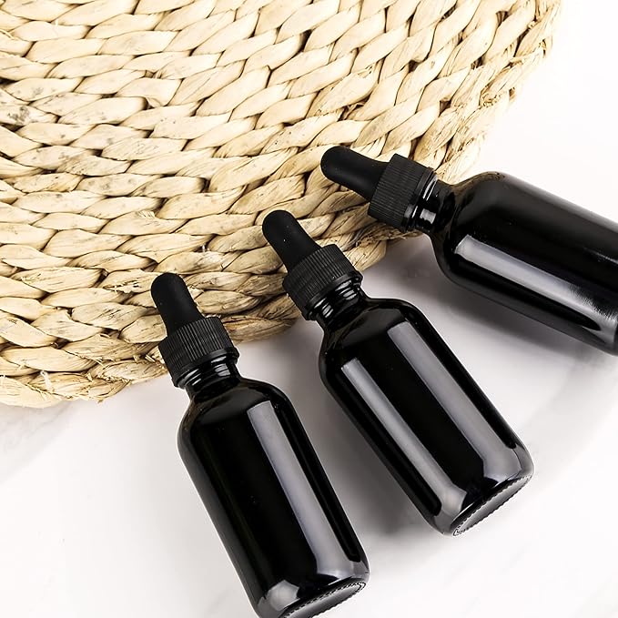 1 oz UV Resistant Dropper Bottle 48 Pack Black Glass Boston Bottles 30ml with Eye Droppers Black Caps for Essential Oils, Perfume, Leak Proof Travel Bottles for Liquids
