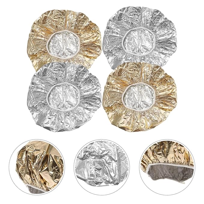 4pcs Hair Coloring Tin Foil Caps with Elastic Band Deep Conditioning Heat Insulation Hats for Salon and Home Use Reusable Aluminum Foil Hair Treatment Caps for Coloring Perms and