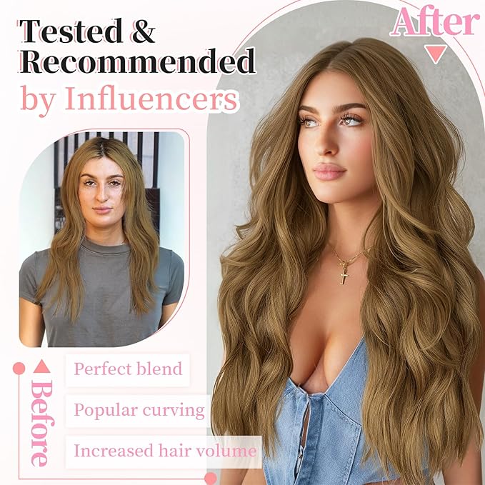 KooKaStyle Clip in Synthetic Hair Extensions Long Wavy 4PCS Thick Hairpieces Brown with Multi - Tone Highlights Fiber Double Weft Natural 24 Inch for Women