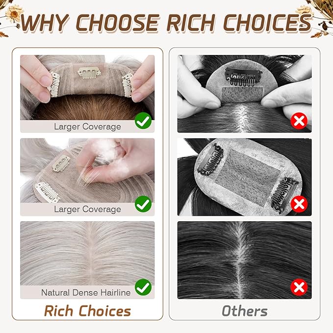Rich Choices Real Human Hair Toppers for Women With Bang 100% Remy Human Hair Topper for Thinning Hair Clip in Silk Base Hair Topper 6 Inch G1 Grey Silver