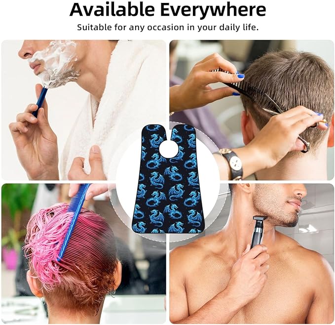 Adjustable Beard Bib, Non-Stick Hair Catcher Cape for Men's Shaving, Waterproof with 2 Suction Cups, Blue Fire Flame Dragon Shave Bib
