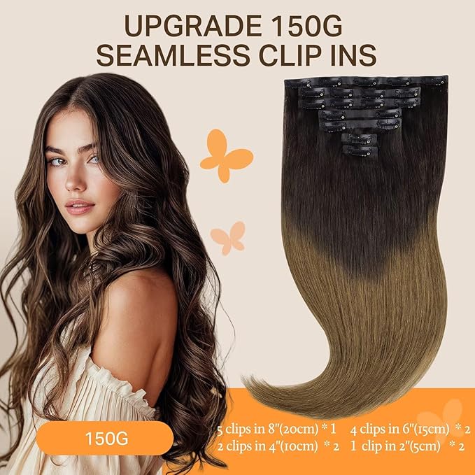 DOORES Seamless Clip in Hair Extensions Human Hair, Chocolate Dip Color Melt 7pcs 150g 20 Inch, Remy Hair Natural Straight Hair Thin Weft Hair invisible Edge