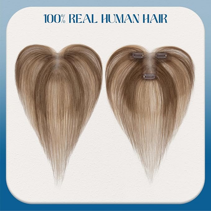 Hair Topper with Side Bangs Human Hair Curtain Bangs Topper for Women,3.54x4.92 T-part Lace Base Real Human Hair Topper Hair Piece for Daily Wear(Side Bangs,Medium Brown & Dark Blonde)