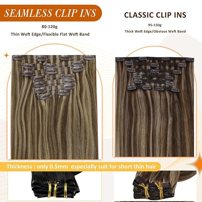 Full Shine Brown Clip in Hair Extensions Human Hair 14 Inch Dark Brown with Caramel Blonde Highlights Straight Hair Extensions for Women 8PCS 120G