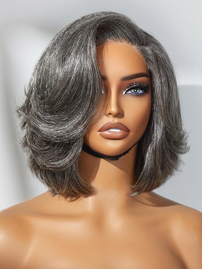 LUVME HAIR Salt & Pepper Layered Bob Glueless Pre-Cut Lace Wig Gray Wigs For Women Short Grey Hair Glueless Bob Wigs Pre Plucked Pre Cut Pixie Cut