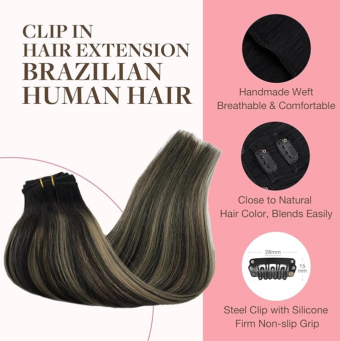 GOO GOO Clip in Hair Extensions Real Human Hair, Remy Human Hair Extensions Clip ins for Women, Natural Human Hair, 22inch 120g 7Pcs, 1B/16/1B Balayage Natural Black to Light Blonde
