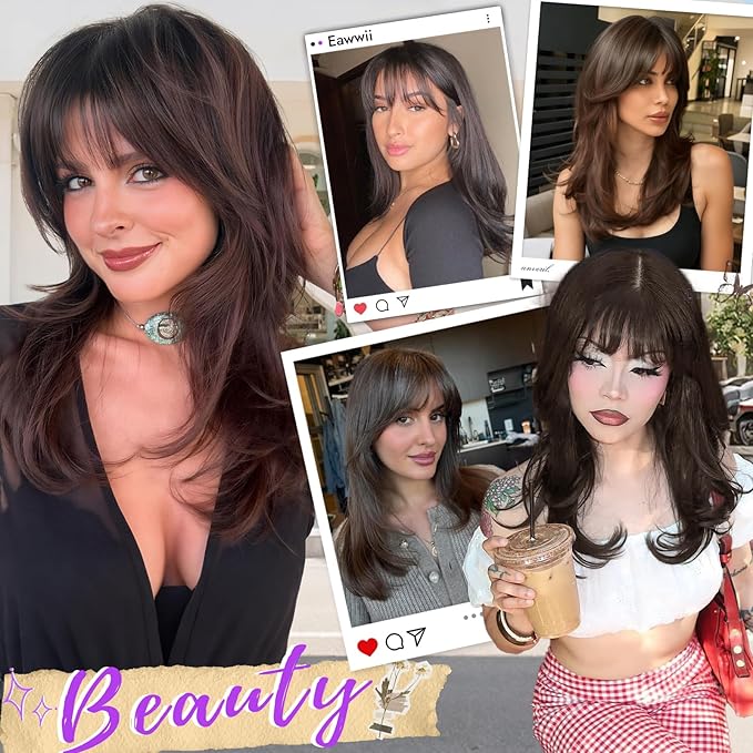 Wig with Bangs for Women Brown Blonde Highlight Straight Face-Framing Layers Hairstyle 4x4 Realistic Scalp Glueless Synthetic Wigs Medium Length for Everyday Use