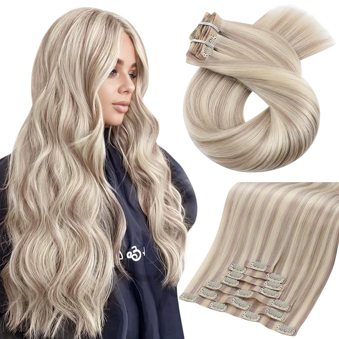 Moresoo Seamless Clip in Hair Extensions Human Hair Blonde Highlight Remy PU Weft Human Hair Clip in Extensions Ash Blonde with Bleach Blond Hair Extensions for Women with Hint of Pink 7pcs 120g 18in