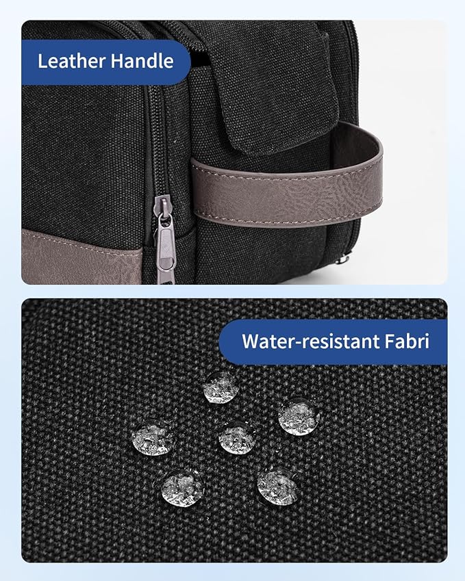 WANDF Toiletry Bag for Men Travel Toiletry Organizer Canvas and Leather Dopp Kit Water-Resistant Shaving Bag for Travel Accessories (Black, Medium)