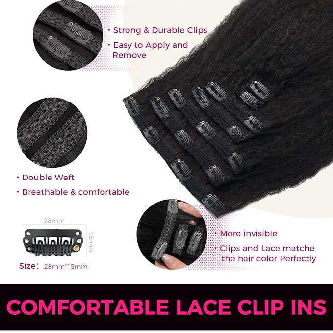 Lashey Kinky Straight Clip in Hair Extensions for Black Women, 20 Inch 7pcs 120g Natural Black Remy Human Hair Extensions Thick Hair with Lace Weft Clip Ins
