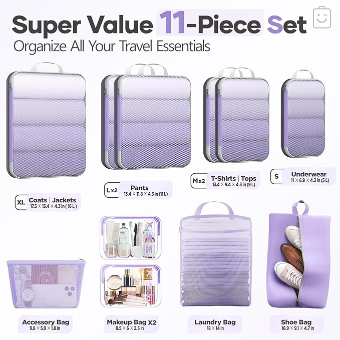 Veken 11 Set Compression Packing Cubes for Travel Essentials,Compressible Expandable Large Luggage Suitcase Organizer Bags for Clothing,Durable Space Saver Storage Bags(Light Purple)