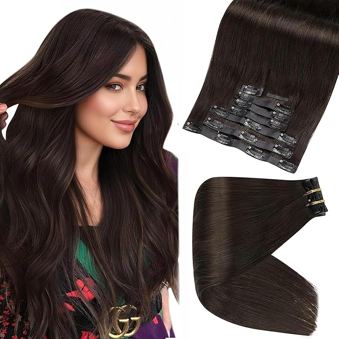 Full Shine Human Hair Clip in Extensions Dark Brown 24 Inch Seamless Clip in Hair Extension Real Human Hair Straight PU Invisible Hair Extensions Human Hair Full Head 8 Pcs 120 Grams