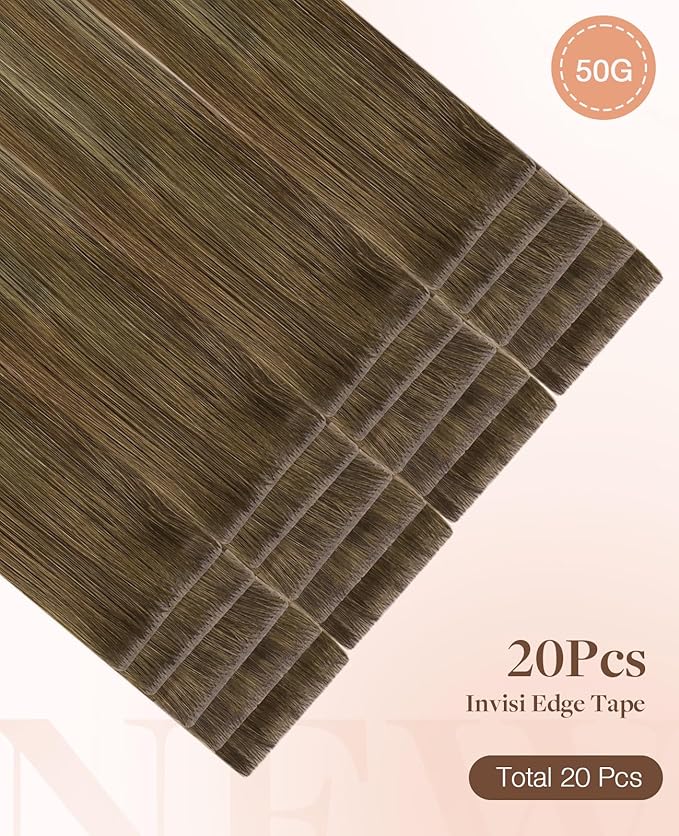 GOO GOO Invisi Edge Tape in Hair Extensions Human Hair, 3/8/613 Walnut Brown to Ash Brown and Bleach Blonde 20pcs 18inch 50g, Virgin Remy Hair, Seamless Injected Tape, Natural Look