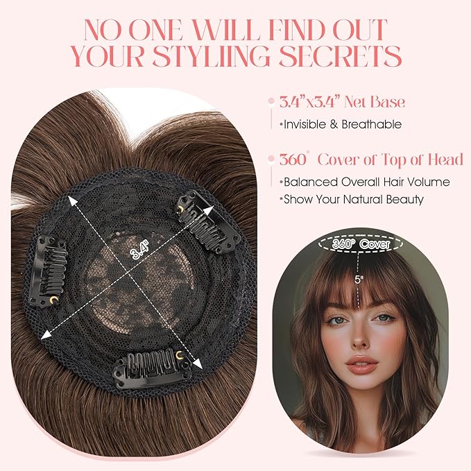 Hairro Mono Hair Toppers with Bangs, 3.4" x 3.4" Mono Base 100% Real Human Hairpieces for Women, 150% Density Clips In Topper for Greyish Thinning Hair, 16 Inch Dark Brown