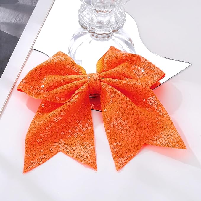 Large Glitter Cheer Bows Clips, Jumbo Big 7 Inch Cheerleading Sequin Hair Bow Hair Accessories for Teens Girls Football Sports Cheerleader Outfit Uniform (Orange)