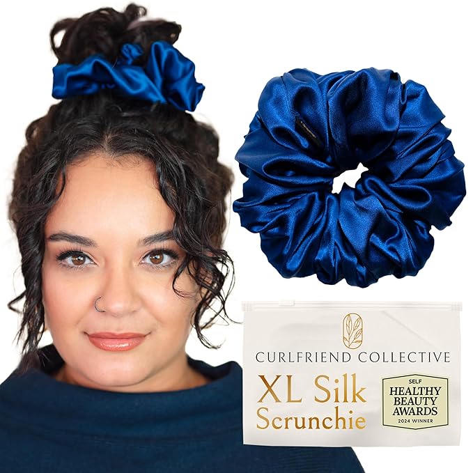 Silk Scrunchies for Women Ponytail Holders – Oversized Mulberry Silk Scrunchies – Extra Large No Damage Hair Ties for Curly, Thick, and Thin - Hair Accessories for Women – Sapphire, XL By Curlfriend