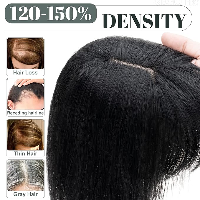 SEGO Hair Toppers for Women Real Human Hair with Thinning, with Front Bangs Clip in Toppers Straight 150% Density Silk Base -18 Inch #1 Jet Black