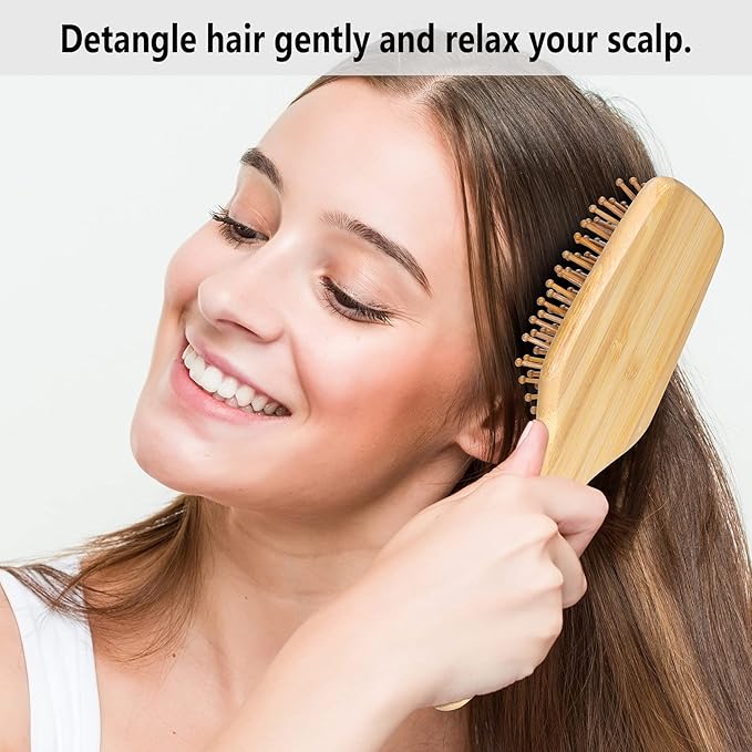 Bamboo Hair Brush with Paddle, Rounded Wood Bristles for Detangling and Gently Massaging Scalp by BFWood, Reduces Frizz and Static