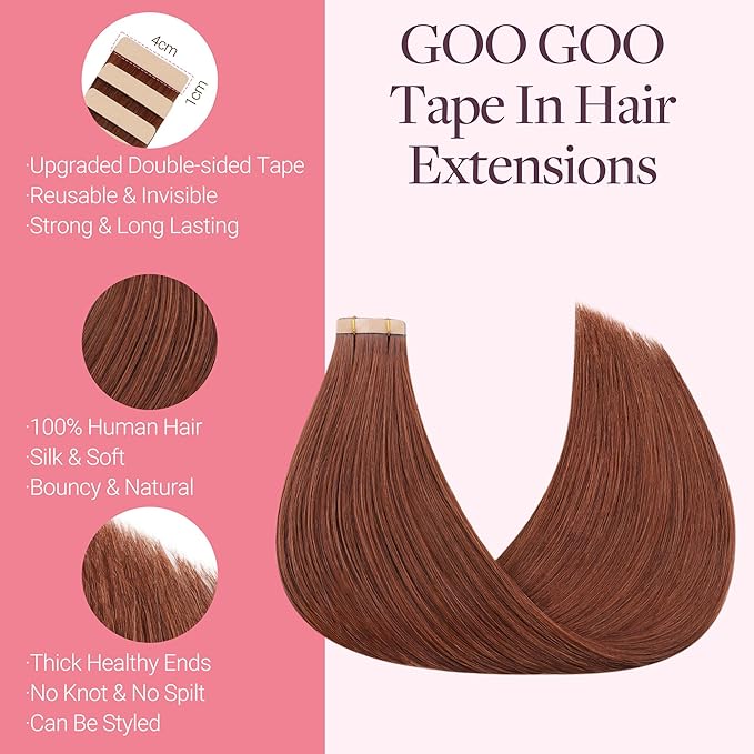 GOO GOO Tape in Hair Extensions Human Hair, #33B Dark Auburn Copper, 24inch 100g 40pcs, Skin Weft Seamless Invisible, Silky Straight with Thick Ends, Remy Human Hair